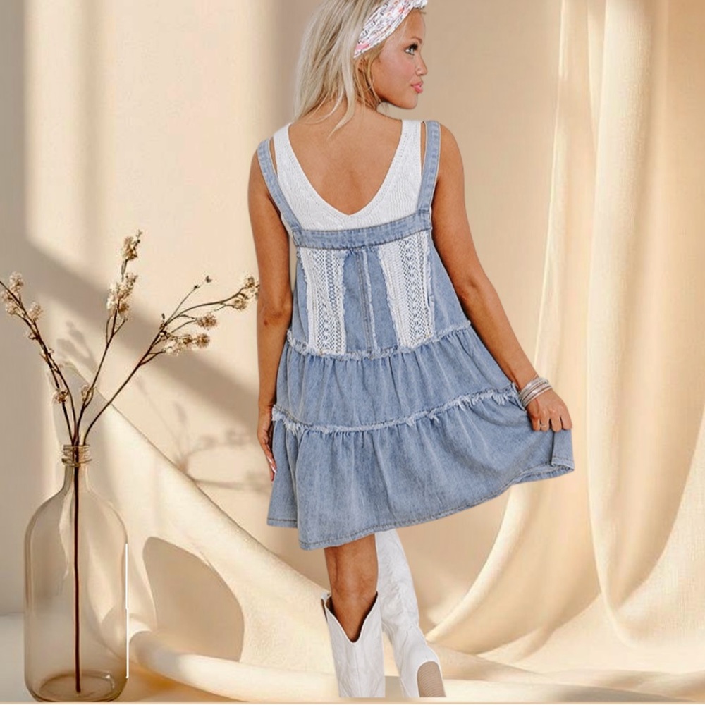 POL Denim Overall Dress Bohemian Frayed Details - Picture 6 of 10